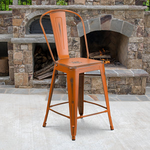 Commercial Grade 24" High Distressed Orange Metal Indoor-Outdoor Counter Height Stool with Back by Office Chairs PLUS