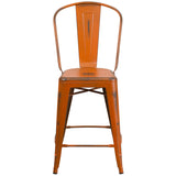 Commercial Grade 24" High Distressed Orange Metal Indoor-Outdoor Counter Height Stool with Back