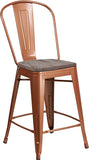 24" High Copper Metal Counter Height Stool with Back and Wood Seat 