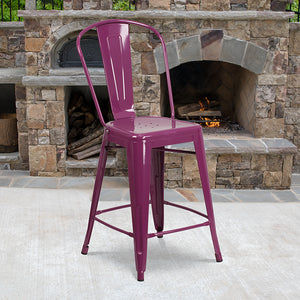 Commercial Grade 24" High Purple Metal Indoor-Outdoor Counter Height Stool with Back by Office Chairs PLUS