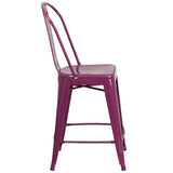 Commercial Grade 24" High Purple Metal Indoor-Outdoor Counter Height Stool with Back