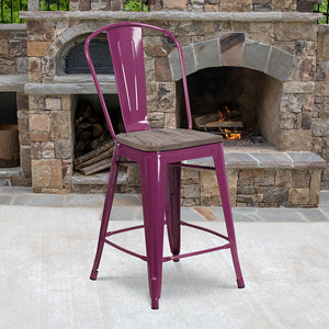 24" High Purple Metal Counter Height Stool with Back and Wood Seat by Office Chairs PLUS