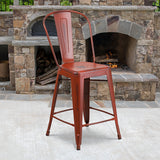 Commercial Grade 24" High Distressed Kelly Red Metal Indoor-Outdoor Counter Height Stool with Back by Office Chairs PLUS