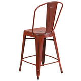 Commercial Grade 24" High Distressed Kelly Red Metal Indoor-Outdoor Counter Height Stool with Back