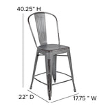 Commercial Grade 24" High Distressed Silver Gray Metal Indoor-Outdoor Counter Height Stool with Back