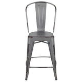 Commercial Grade 24" High Distressed Silver Gray Metal Indoor-Outdoor Counter Height Stool with Back