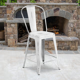 Commercial Grade 24" High Distressed White Metal Indoor-Outdoor Counter Height Stool with Back by Office Chairs PLUS