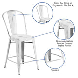 Commercial Grade 24" High Distressed White Metal Indoor-Outdoor Counter Height Stool with Back
