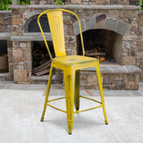 Commercial Grade 24" High Distressed Yellow Metal Indoor-Outdoor Counter Height Stool with Back by Office Chairs PLUS