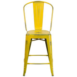Commercial Grade 24" High Distressed Yellow Metal Indoor-Outdoor Counter Height Stool with Back