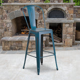 Commercial Grade 30" High Distressed Antique Blue Metal Indoor-Outdoor Barstool with Back by Office Chairs PLUS