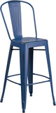 Commercial Grade 30" High Distressed Antique Blue Metal Indoor-Outdoor Barstool with Back