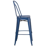 Commercial Grade 30" High Distressed Antique Blue Metal Indoor-Outdoor Barstool with Back