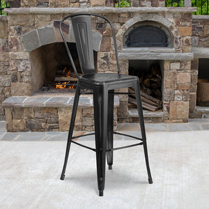 Commercial Grade 30" High Distressed Black Metal Indoor-Outdoor Barstool with Back by Office Chairs PLUS