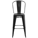 Commercial Grade 30" High Distressed Black Metal Indoor-Outdoor Barstool with Back
