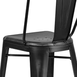 Commercial Grade 30" High Distressed Black Metal Indoor-Outdoor Barstool with Back