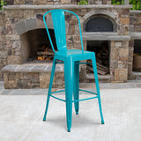 Commercial Grade 30" High Crystal Teal-Blue Metal Indoor-Outdoor Barstool with Back by Office Chairs PLUS