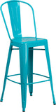 Commercial Grade 30" High Crystal Teal-Blue Metal Indoor-Outdoor Barstool with Back