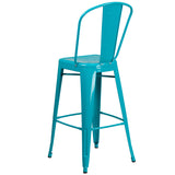 Commercial Grade 30" High Crystal Teal-Blue Metal Indoor-Outdoor Barstool with Back