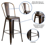 Commercial Grade 30" High Distressed Copper Metal Indoor-Outdoor Barstool with Back