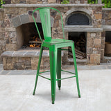 Commercial Grade 30" High Distressed Green Metal Indoor-Outdoor Barstool with Back by Office Chairs PLUS