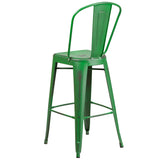 Commercial Grade 30" High Distressed Green Metal Indoor-Outdoor Barstool with Back