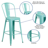 Commercial Grade 30" High Mint Green Metal Indoor-Outdoor Barstool with Back