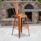 Commercial Grade 30" High Distressed Orange Metal Indoor-Outdoor Barstool with Back by Office Chairs PLUS