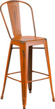 Commercial Grade 30" High Distressed Orange Metal Indoor-Outdoor Barstool with Back