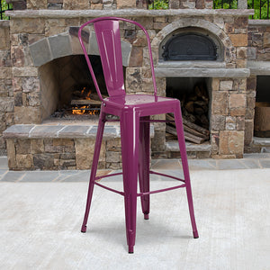 Commercial Grade 30" High Purple Metal Indoor-Outdoor Barstool with Back by Office Chairs PLUS