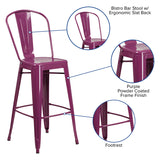 Commercial Grade 30" High Purple Metal Indoor-Outdoor Barstool with Back
