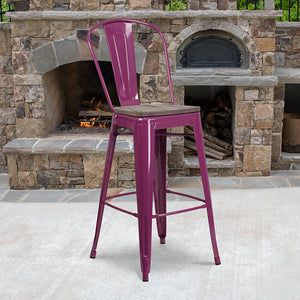 30" High Purple Metal Barstool with Back and Wood Seat by Office Chairs PLUS