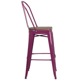 30" High Purple Metal Barstool with Back and Wood Seat