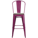 30" High Purple Metal Barstool with Back and Wood Seat