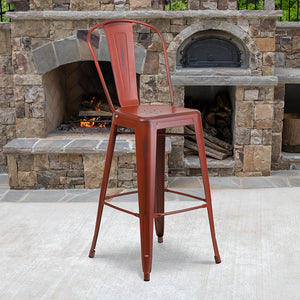 Commercial Grade 30" High Distressed Kelly Red Metal Indoor-Outdoor Barstool with Back by Office Chairs PLUS