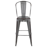 Commercial Grade 30" High Distressed Silver Gray Metal Indoor-Outdoor Barstool with Back