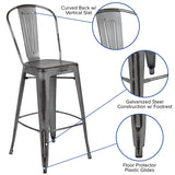 Commercial Grade 30" High Distressed Silver Gray Metal Indoor-Outdoor Barstool with Back