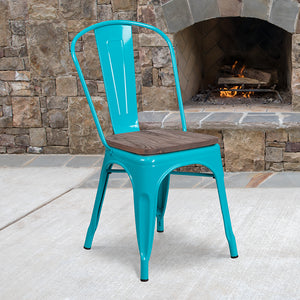 Crystal Teal-Blue Metal Stackable Chair with Wood Seat by Office Chairs PLUS