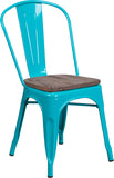 Crystal Teal-Blue Metal Stackable Chair with Wood Seat
