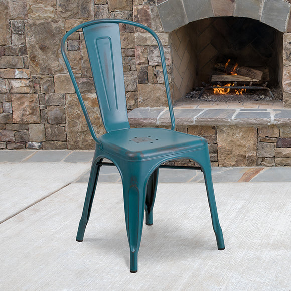 Commercial Grade Distressed Kelly Blue-Teal Metal Indoor-Outdoor Stackable Chair by Office Chairs PLUS