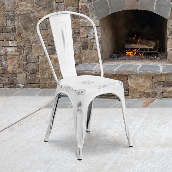 Commercial Grade Distressed White Metal Indoor-Outdoor Stackable Chair by Office Chairs PLUS