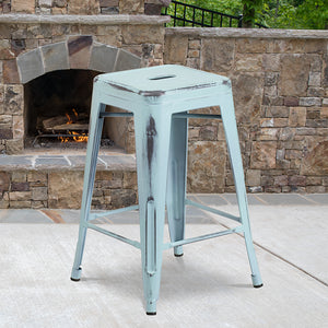 Commercial Grade 24" High Backless Distressed Green-Blue Metal Indoor-Outdoor Counter Height Stool by Office Chairs PLUS