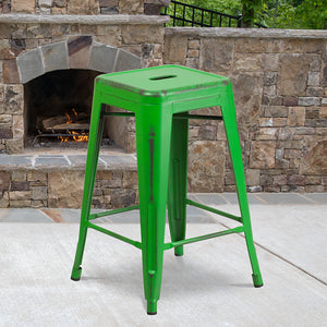 Commercial Grade 24" High Backless Distressed Green Metal Indoor-Outdoor Counter Height Stool by Office Chairs PLUS