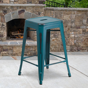 Commercial Grade 24" High Backless Distressed Kelly Blue-Teal Metal Indoor-Outdoor Counter Height Stool by Office Chairs PLUS