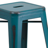 Commercial Grade 24" High Backless Distressed Kelly Blue-Teal Metal Indoor-Outdoor Counter Height Stool