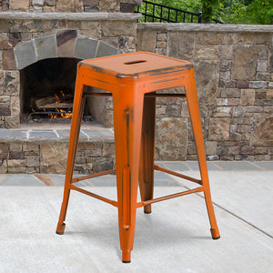 Commercial Grade 24" High Backless Distressed Orange Metal Indoor-Outdoor Counter Height Stool by Office Chairs PLUS