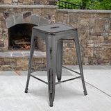Commercial Grade 24" High Backless Distressed Silver Gray Metal Indoor-Outdoor Counter Height Stool by Office Chairs PLUS