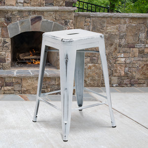 Commercial Grade 24" High Backless Distressed White Metal Indoor-Outdoor Counter Height Stool by Office Chairs PLUS