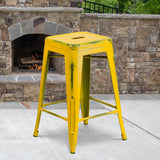 Commercial Grade 24" High Backless Distressed Yellow Metal Indoor-Outdoor Counter Height Stool by Office Chairs PLUS