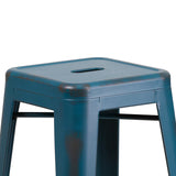 Commercial Grade 30" High Backless Distressed Antique Blue Metal Indoor-Outdoor Barstool